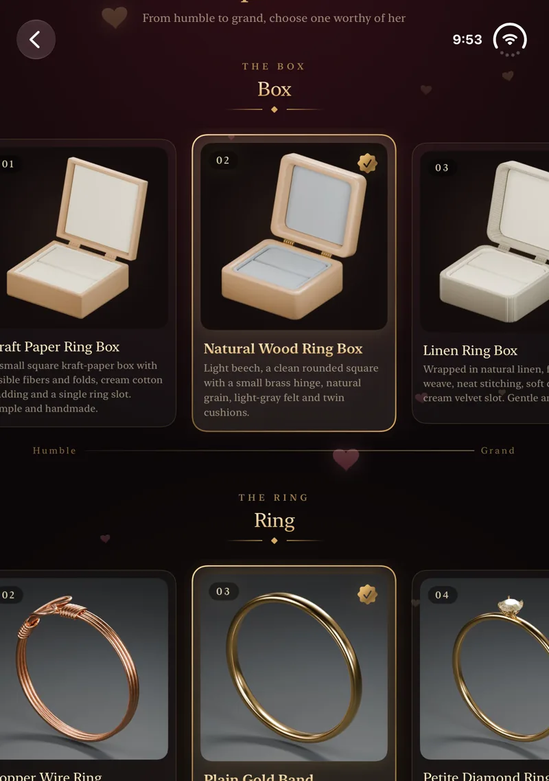Selection of 3D ring boxes and rings