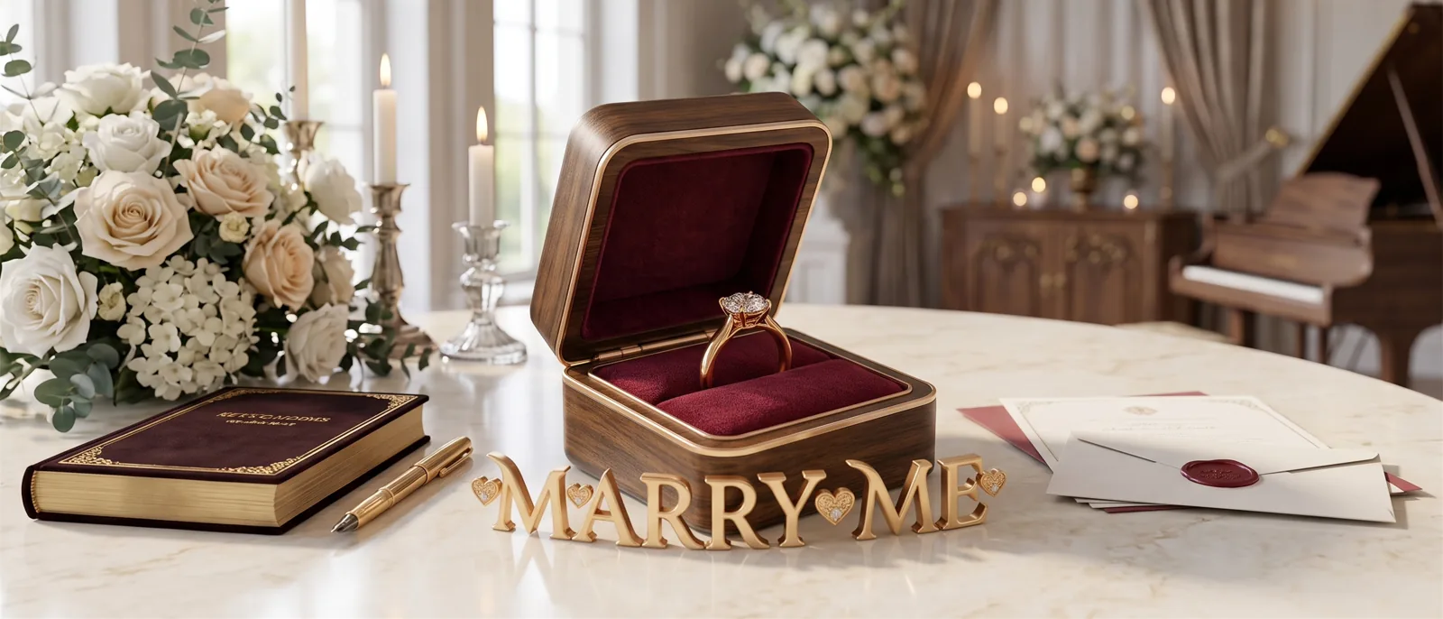 Marry Me ring box on a wedding table