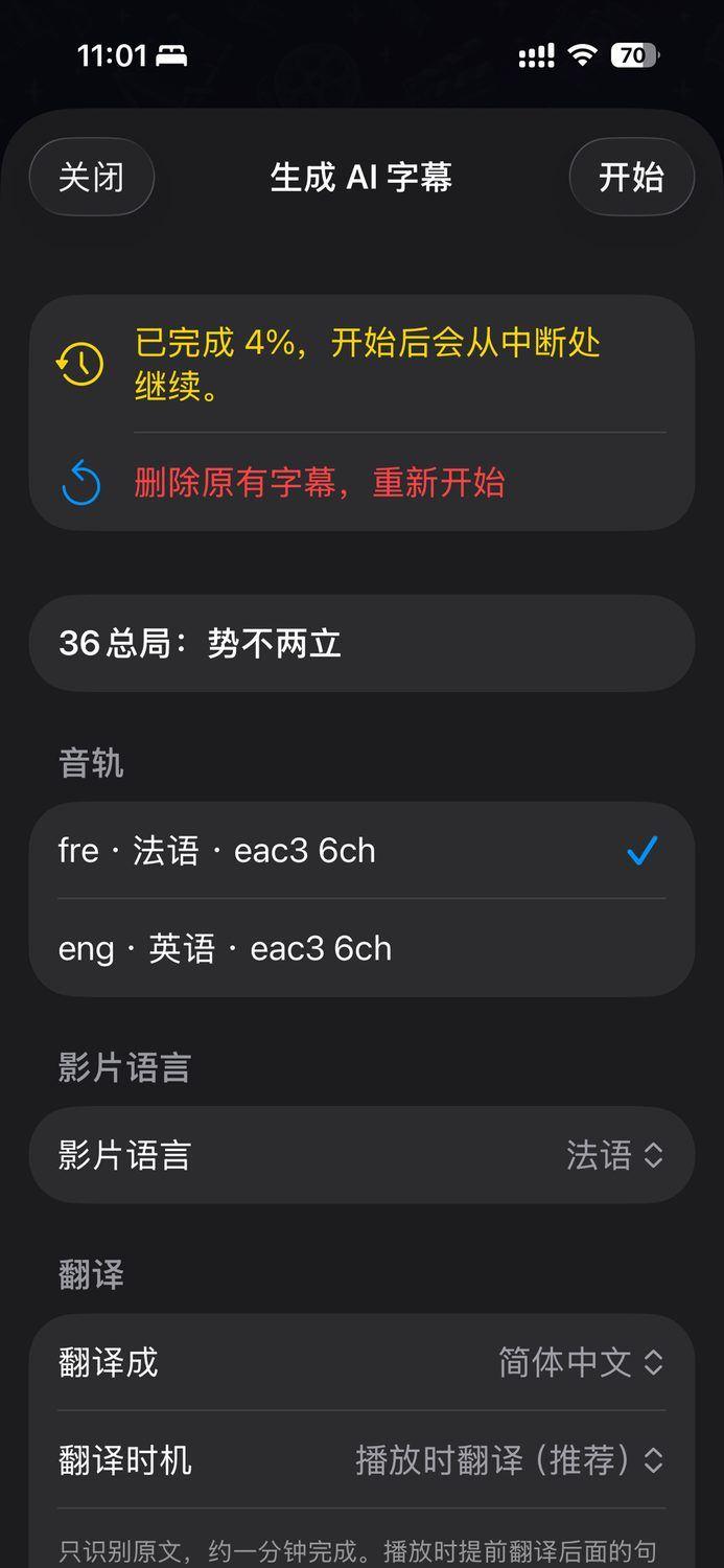 暮光影院 iPhone AI 字幕与翻译界面